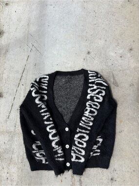Black Fuzzy Button-Up Cardigan with White Script